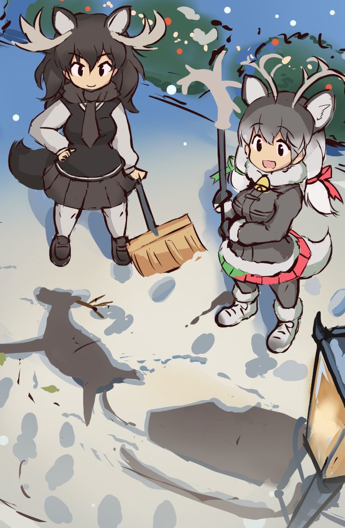 2girls animal_ears antlers bell bow brown-eared_bulbul brown_coat brown_hair brown_necktie brown_pantyhose brown_scarf brown_skirt brown_sweater christmas coat colored_skin deer_ears deer_girl extra_ears fur_collar fur_trim green_bow green_skirt grey_hair hair_between_eyes hair_bow horns kemono_friends koutsuu_(koutuukanseikan) long_hair long_sleeves moose_(kemono_friends) moose_antlers moose_ears moose_girl moose_tail multicolored_skin multiple_girls neck_bell necktie pantyhose pleated_skirt red_bow red_skirt reindeer_(kemono_friends) reindeer_antlers reindeer_girl scarf shovel sidelocks skirt snow sweater tail twintails two-tone_skin two-tone_sweater white_fur white_hair white_pantyhose white_sweater winter_clothes winter_coat