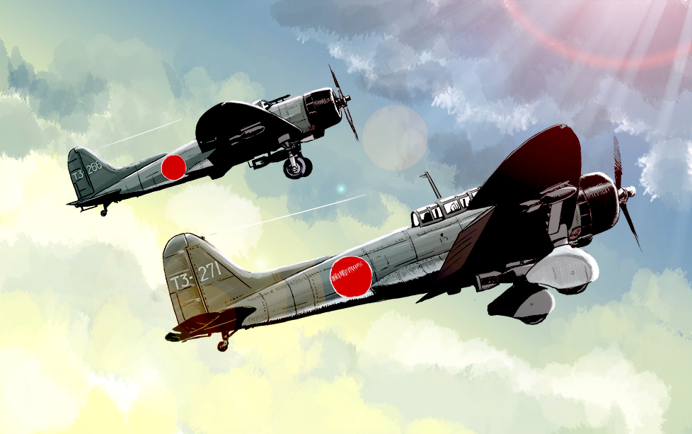 aircraft airplane bomb bomber cloud d3a dive_bomber explosive gun imperial_japanese_navy matsuda_juukou military military_vehicle millipen_(medium) original pen_(medium) propeller propeller_fighter sky traditional_media vehicle_focus weapon world_war_ii
