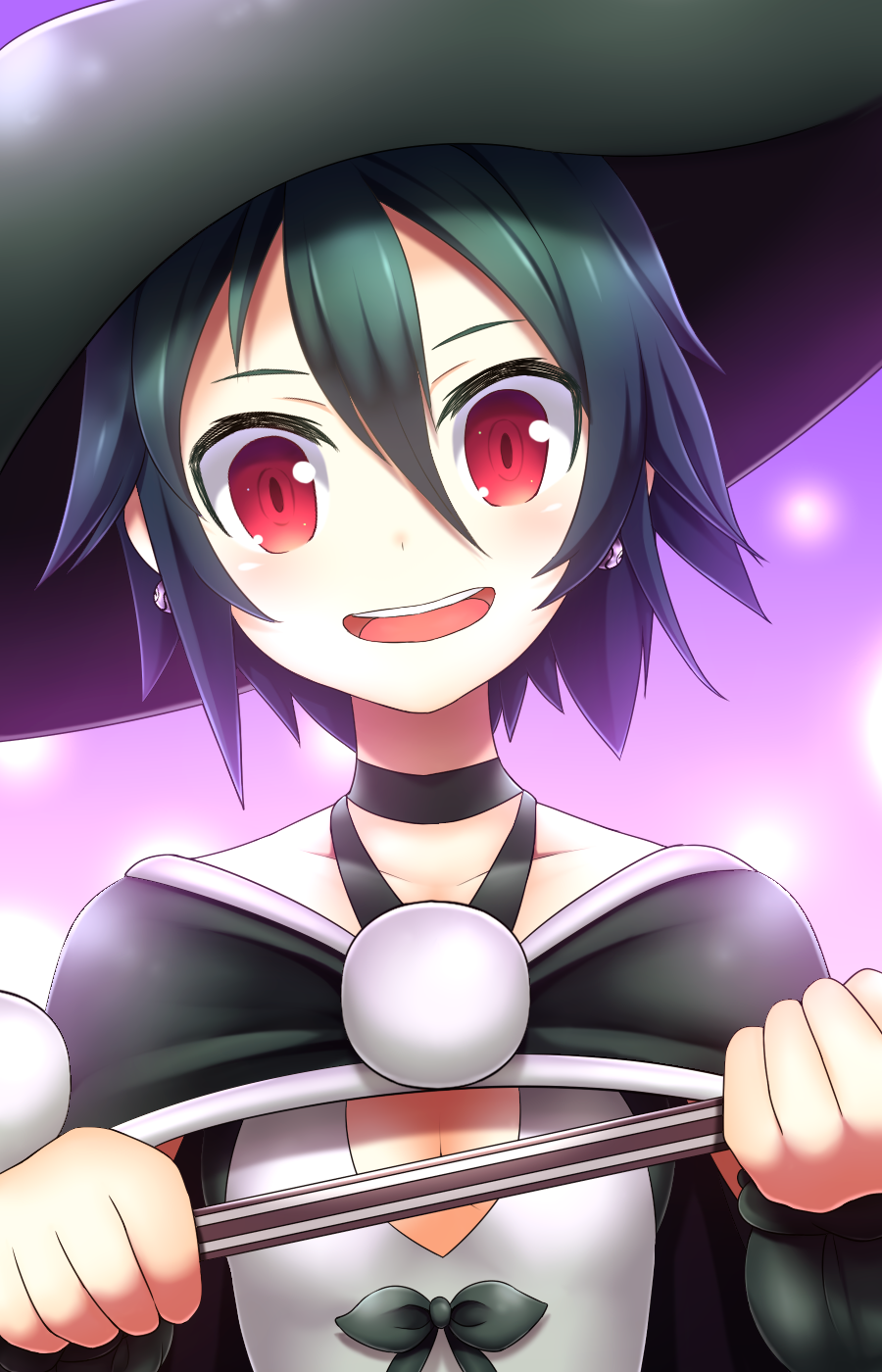 10s 1girl ahoge bad_id bad_pixiv_id black_hair blush cape choker cross earrings female_focus flat_chest hat highres izayoi_mirura izayoimirura jewelry kazumi_(madoka_magica) magical_girl mahou_shoujo_kazumi_magica mahou_shoujo_madoka_magica open_mouth red_eyes short_hair smile solo weapon witch_hat