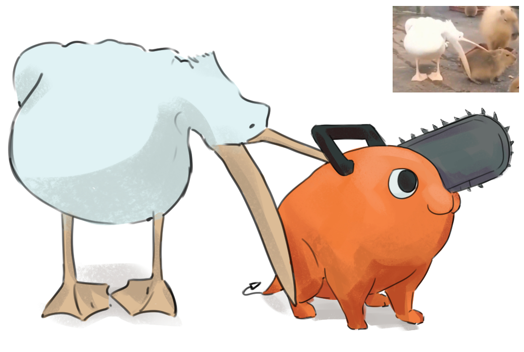 2others bird biting buttericecreamm capybara chainsaw chainsaw_man handle looking_at_another looking_to_the_side multiple_others pelican photo-referenced photo_inset pochita_(chainsaw_man) reference_inset reference_photo simple_background white_background