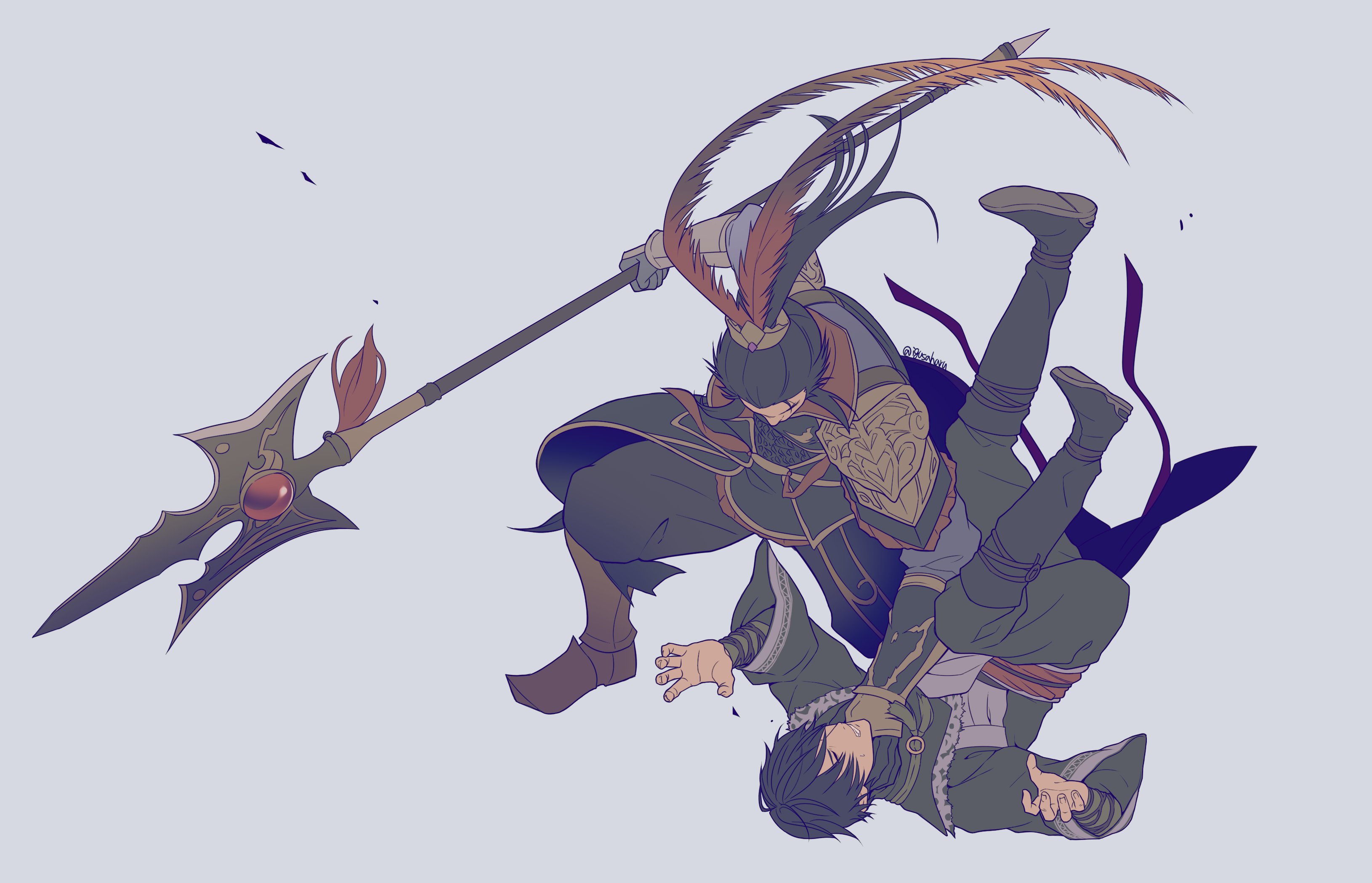 2boys absurdres armor armored_boots battle black_boots black_gloves black_hair boots chinese_armor chinese_clothes clenched_teeth closed_eyes feather_hair_ornament feathers full_body gloves grey_background hair_between_eyes hair_ornament hand_on_another's_neck highres holding holding_polearm holding_weapon igusaharu long_hair lu_bu_(shin_sangoku_musou) male_focus multiple_boys polearm ponytail shin_sangoku_musou shin_sangoku_musou_origins short_hair shoulder_armor sidelocks strangling teeth twintails vambraces weapon ziluan_(shin_sangoku_musou)