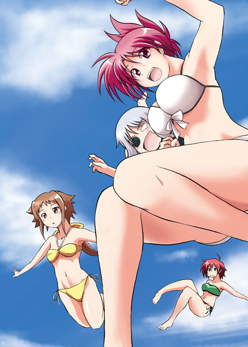 00s 4girls :d :o ahoge armpits azumaya_hironaru bandeau barefoot bikini blush bow breasts brown_eyes cinque_(nanoha) clenched_hands cloud day dieci_(nanoha) eyepatch folded_ponytail green_bikini hair_bow halterneck headlock jumping knees_together_feet_apart large_breasts long_hair looking_at_viewer low_ponytail lyrical_nanoha mahou_shoujo_lyrical_nanoha mahou_shoujo_lyrical_nanoha_strikers multiple_girls navel no_pupils nove_(nanoha) numbers_(nanoha) open_mouth outdoors outstretched_arms pink_eyes ponytail red_hair short_hair side-tie_bikini_bottom sidelocks sky small_breasts smile spread_arms swimsuit tears wendi_(nanoha) white_bikini white_hair yellow_bikini