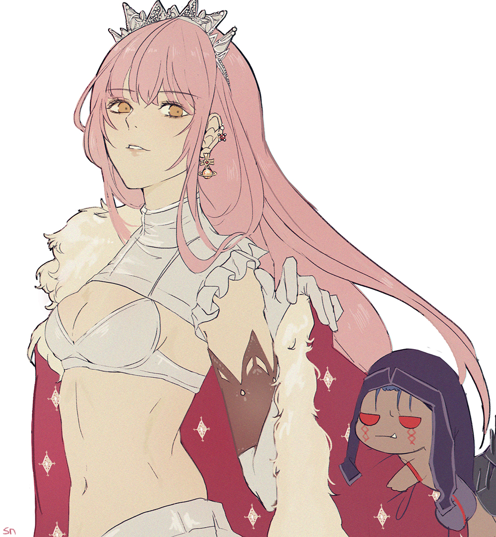 1girl bad_id bad_pixiv_id bra breasts brown_eyes cape cleavage cu_chulainn_(fate) cu_chulainn_(fate/stay_night) cu_chulainn_alter_(fate/grand_order) diadem earrings fate/grand_order fate_(series) floating_hair fur_trim holding holding_unworn_cape holding_unworn_clothes jewelry long_hair medb_(fate) medium_breasts midriff mini_cu-chan_(fate) navel parted_lips pink_hair red_cape shino_(mufn5785) simple_background skirt stomach underwear unworn_cape very_long_hair white_background white_bra white_skirt