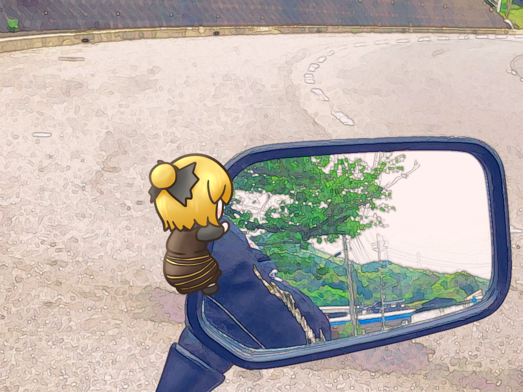 1girl black_bow black_footwear blonde_hair boat bow brown_dress dress full_body hair_bow kogata_tanishi kurodani_yamame long_sleeves mini_person minigirl mirror mountain outdoors road short_hair solo touhou tree watercraft