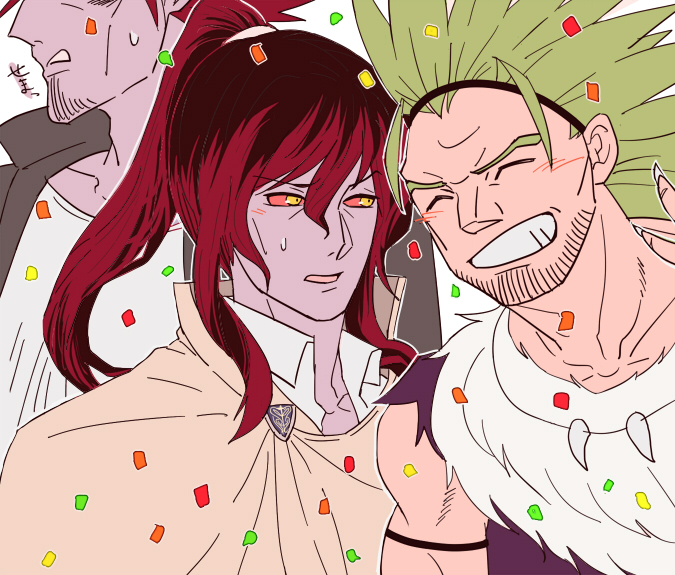 3boys blush brothers colored_skin facial_hair fur_trim gannen_harst glalda green_hair hairband multiple_boys ponytail purple_skin red_hair short_hair siblings smile spiked_hair stubble the_saga_of_darren_shan vancha_march yellow_eyes