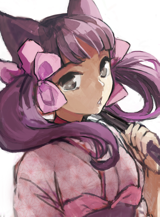 1girl animal_ears asa_no_ha_(pattern) bad_id bad_pixiv_id bow female_focus japanese_clothes kimono mitsuki32k otome_youkai_zakuro pink_bow ribbon solo twintails upper_body zakuro zakuro_(otome_youkai_zakuro)