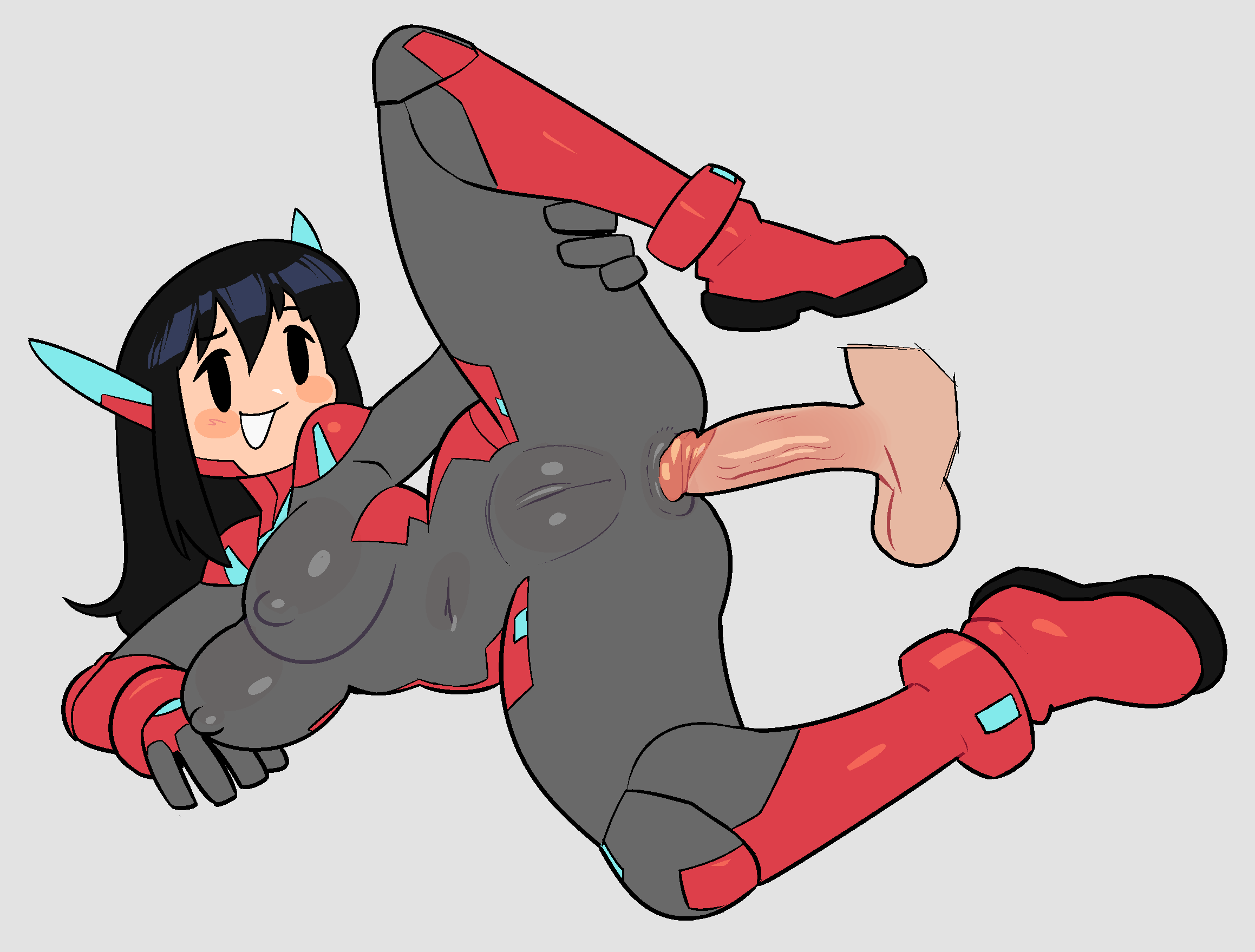 :d anal ass asta_rindo_(rariatto) black_hair bodysuit boots borrowed_character breasts cleft_of_venus highres imminent_anal imminent_penetration large_breasts leg_up long_hair navel noill open_mouth original penis pussy simple_background smile spread_legs white_background