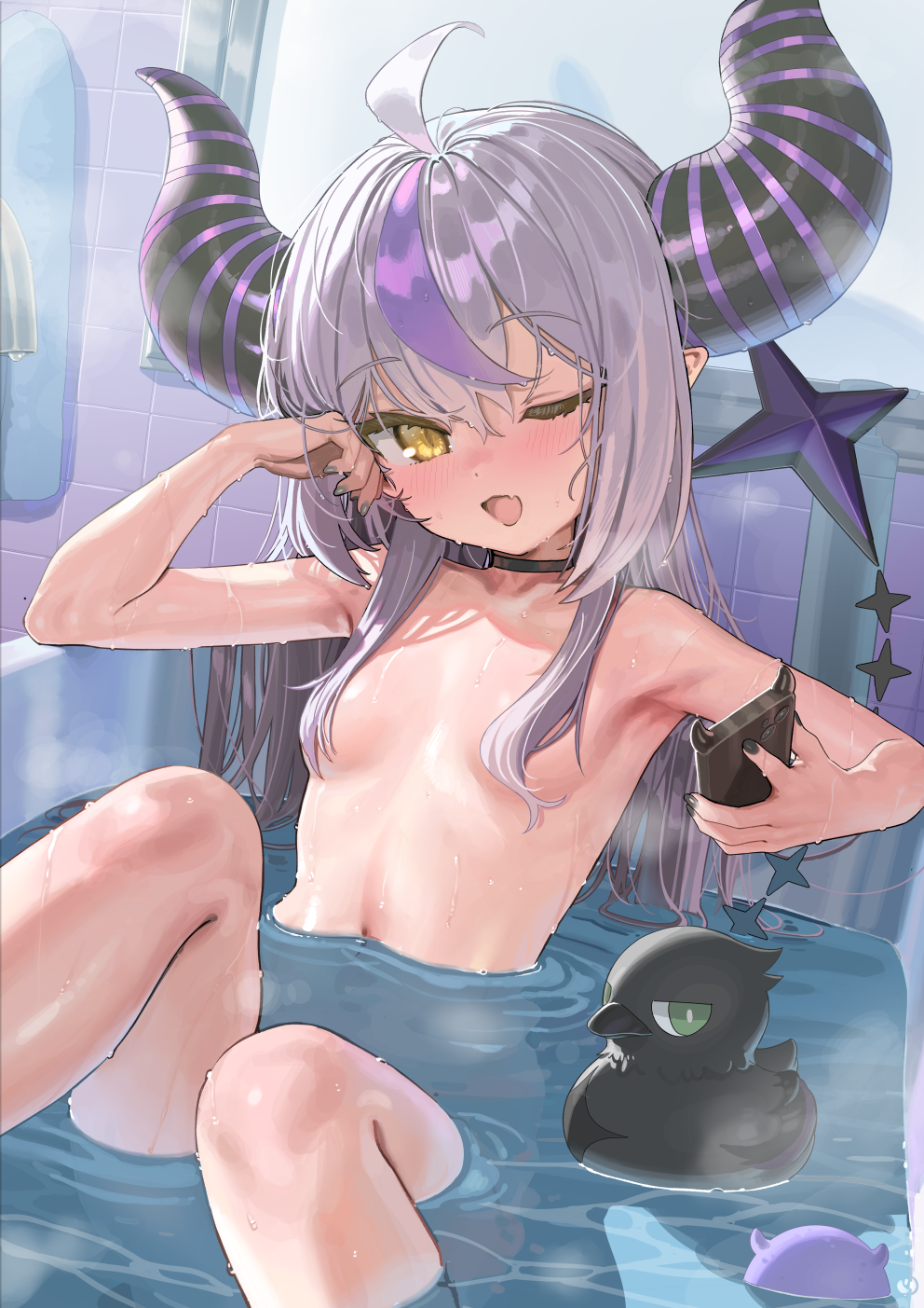 1girl ;d ahoge armpits bath bathroom bathtub bird black_horns breasts collar commentary_request completely_nude crow_(la+_darknesss) demon_girl demon_horns duck fang hair_censor highres holding holding_phone hololive holox horns huge_horns indoors kanzarin la+_darknesss looking_at_viewer metal_collar multicolored_hair navel nude one_eye_closed open_mouth phone pointy_ears purple_horns skin_fang small_breasts smile solo streaked_hair striped_horns virtual_youtuber wet yellow_eyes