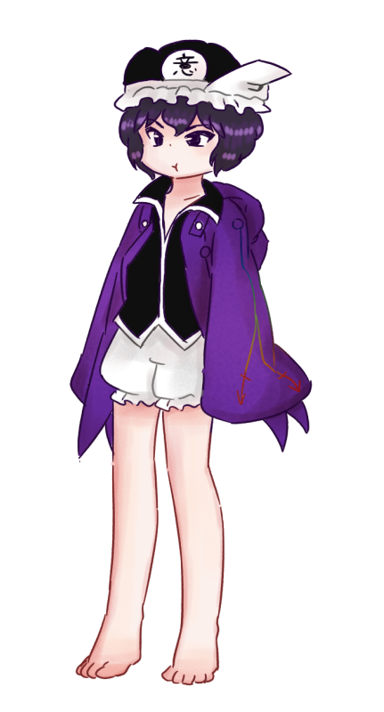 1other :t annoyed arrow_print bare_legs barefoot black_hat black_shirt buttons chikafumikou closed_mouth collared_shirt dot_nose frilled_headwear frilled_shorts frills full_body hair_between_eyes hat hood hood_down hooded_jacket jacket len&#039;en long_sleeves looking_ahead mob_cap no_shoes open_clothes open_jacket pout puffy_shorts purple_eyes purple_hair purple_jacket shirt shitodo_kuroji short_hair shorts simple_background sleeves_past_fingers sleeves_past_wrists solo standing toes triangular_headpiece tsurime white_background white_shorts wide_sleeves