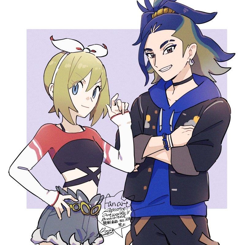 1boy 1girl adaman_(pokemon) adaman_(special_costume)_(pokemon) black_choker black_jacket black_pants blonde_hair blue_hair blue_hoodie border bow_hairband brown_eyes choker closed_mouth commentary_request cropped_shirt earrings eyelashes grey_background grey_eyes grey_shorts grin hairband hand_on_own_hip hand_up hood hoodie irida_(pokemon) irida_(special_costume)_(pokemon) jacket jewelry long_sleeves nintendo official_alternate_costume pants pokemon pokemon_masters_ex ponytail sagemaru-br shirt short_hair shorts signature sleeves_past_wrists smile tassel teeth white_border white_hairband