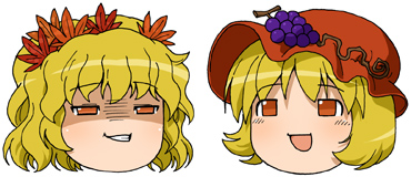 2girls :d aki_minoriko aki_shizuha bad_source blonde_hair commentary_request fruit_hat_ornament grape_hat_ornament hair_ornament hat leaf_hair_ornament lowres maso_(ascii_art) multiple_girls no_nose open_mouth orange_eyes orange_hat shaded_face short_hair siblings simple_background sisters smile smirk teeth touhou white_background yukkuri_shiteitte_ne