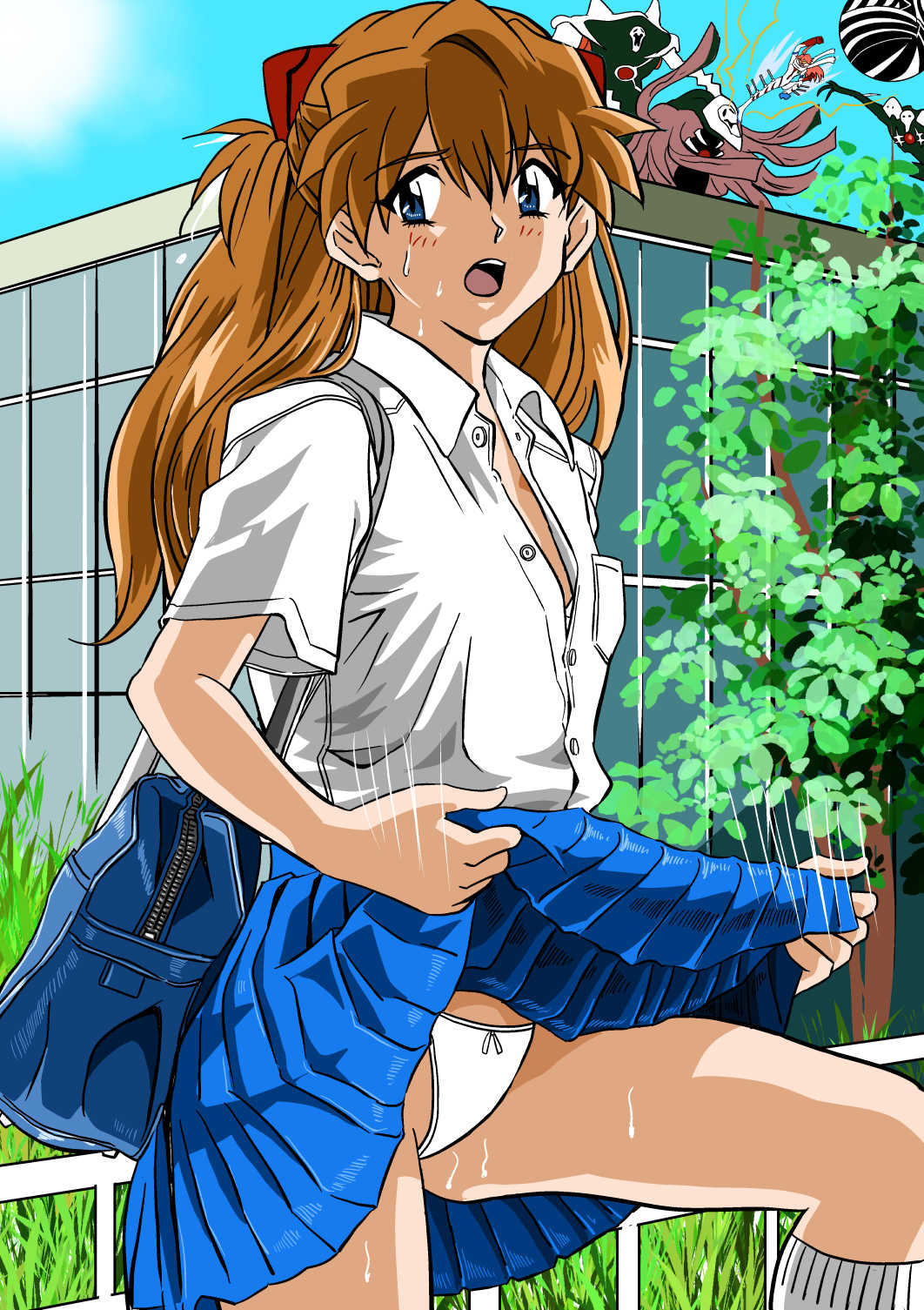 2girls bag blue_eyes blush bra bra_peek breast_pocket clothes_lift embarrassed hair_ornament hairclip highres leliel_(evangelion) lifting_own_clothes long_hair looking_at_viewer miniskirt multiple_girls neon_genesis_evangelion nono_(top_wo_nerae_2!) open_mouth orange_hair panties pleated_skirt pocket sachiel_(evangelion) school_uniform shirt short_sleeves shoulder_bag skirt skirt_lift socks souryuu_asuka_langley unbuttoned unbuttoned_shirt underwear upskirt white_bra white_panties white_shirt white_socks yuutaku zeruel_(evangelion)