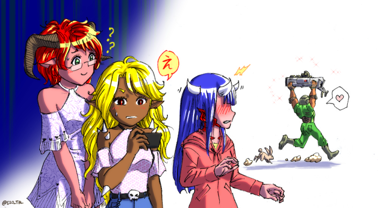 1boy 3girls ? ?? baron_of_hell belt_buckle bfg_9000 blonde_hair blue_hair blush breasts buckle cacodemon cellphone chibi colored_skin daisy_(doom) dark_skin demon_horns denim doom_(series) doom_2 doom_ii doomguy dress full-face_blush genderswap genderswap_(mtf) halter_dress halterneck heart height_difference hood hoodie horns huge_weapon imp_(doom) jeans long_hair multiple_girls pants personification phone pink_skin pointy_ears rabbit running scales small_breasts smartphone speech_bubble spikes spoken_heart substance20 sweatdrop v_arms weapon
