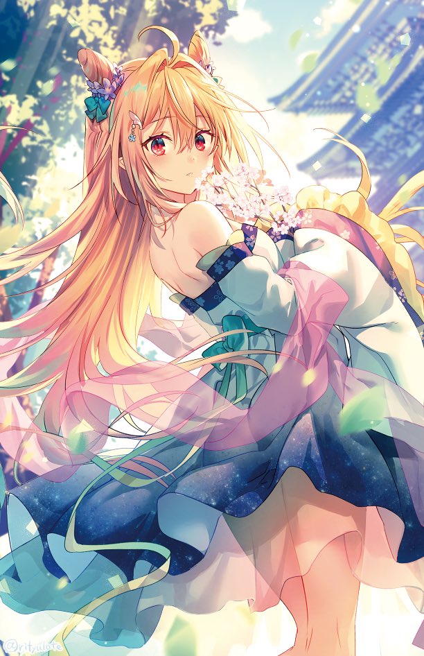 1girl animal_ears back bare_legs blonde_hair cowboy_shot flower from_below hagoromo hair_flower hair_ornament hikikomari_kyuuketsuki_no_monmon kimono_dress light_blush long_hair looking_back official_art pagoda red_eyes riichu shawl solo standing starry_sky_print terakomari_gandezblood tree wide_sleeves