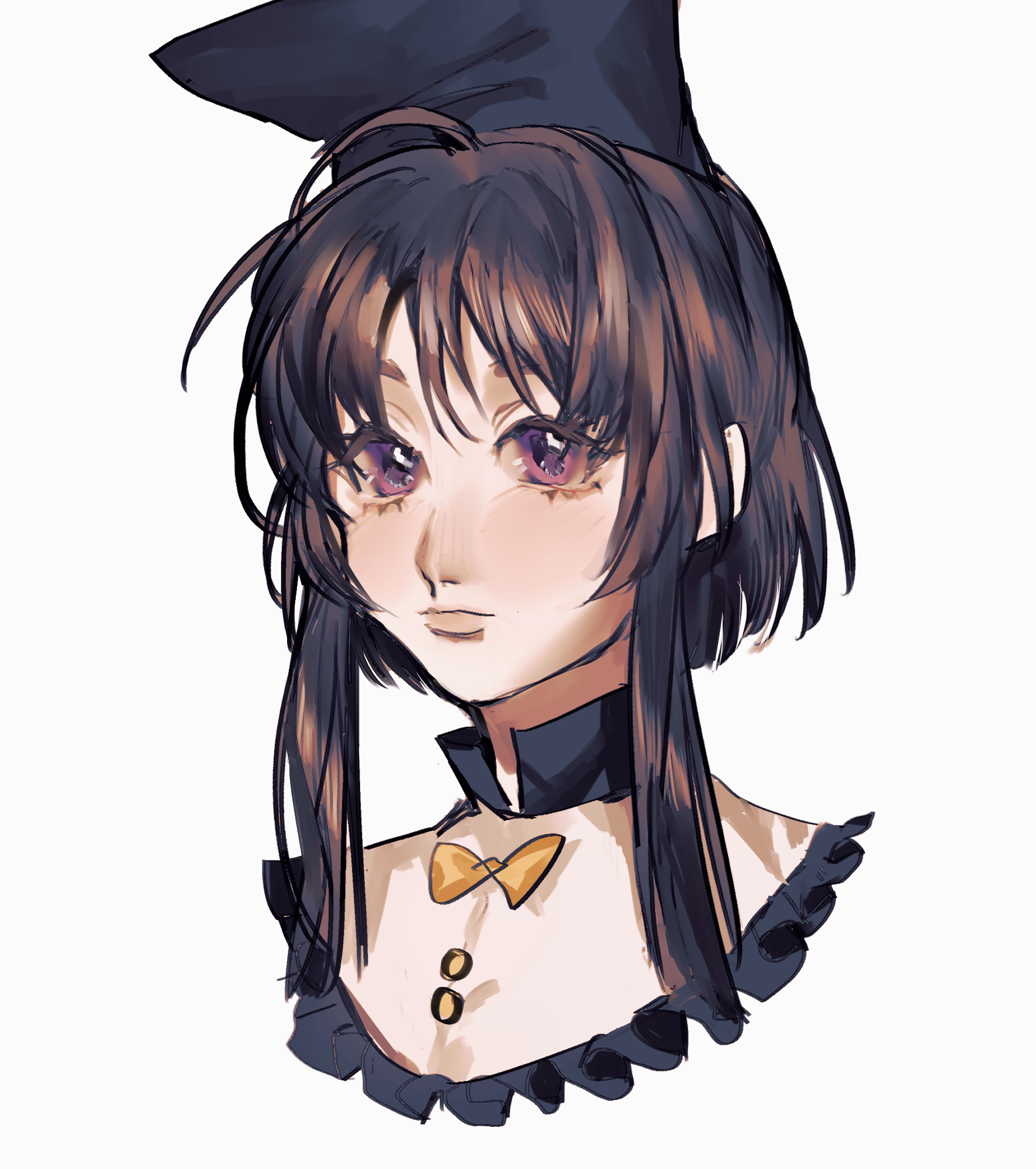 1girl black_hat bow brown_hair closed_mouth hat heinrich_(fernanderuddle) highres lips nishida_satono portrait purple_eyes short_hair_with_long_locks sidelocks simple_background solo touhou white_background yellow_bow