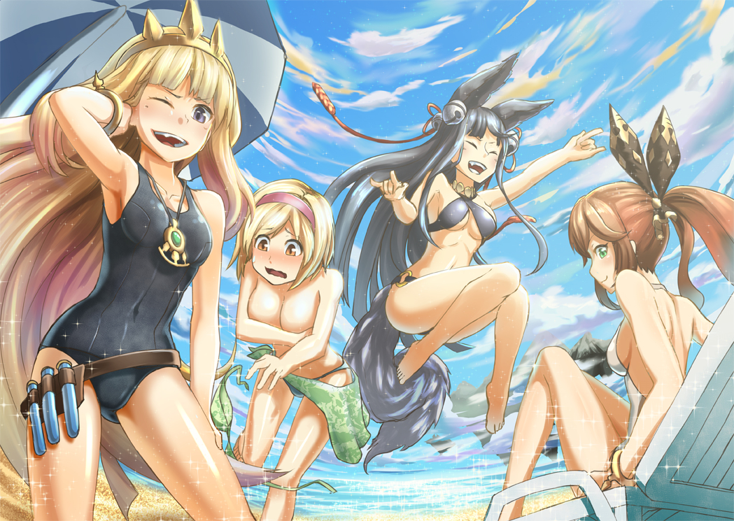 10s 4girls accidental_exposure animal_ears barefoot beach bikini black_bikini black_hair blonde_hair blush breasts brown_hair cagliostro_(granblue_fantasy) casual_one-piece_swimsuit clarisse_(granblue_fantasy) closed_eyes cloud covered_navel covering_breasts covering_privates crown day djeeta_(granblue_fantasy) embarrassed erune granblue_fantasy green_bikini green_eyes hair_ornament hairband iroia jewelry long_hair looking_at_viewer multiple_girls navel necklace ocean one-piece_swimsuit open_mouth orange_eyes outdoors purple_eyes sara_(granblue_fantasy) short_hair sky smile swimsuit tail topless_female unworn_bikini_top wardrobe_malfunction white_one-piece_swimsuit yuel_(granblue_fantasy) yuri