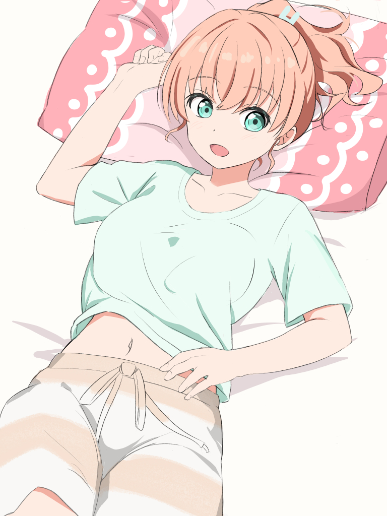 1girl bed_sheet blue_eyes blue_shirt breasts brown_hair hair_up hand_on_own_stomach head_on_pillow hinoshita_kaho link!_like!_love_live! long_hair looking_to_the_side love_live! lying masaki_(masakinariya) medium_breasts midriff_peek navel on_back on_bed pillow ponytail shirt shorts smile