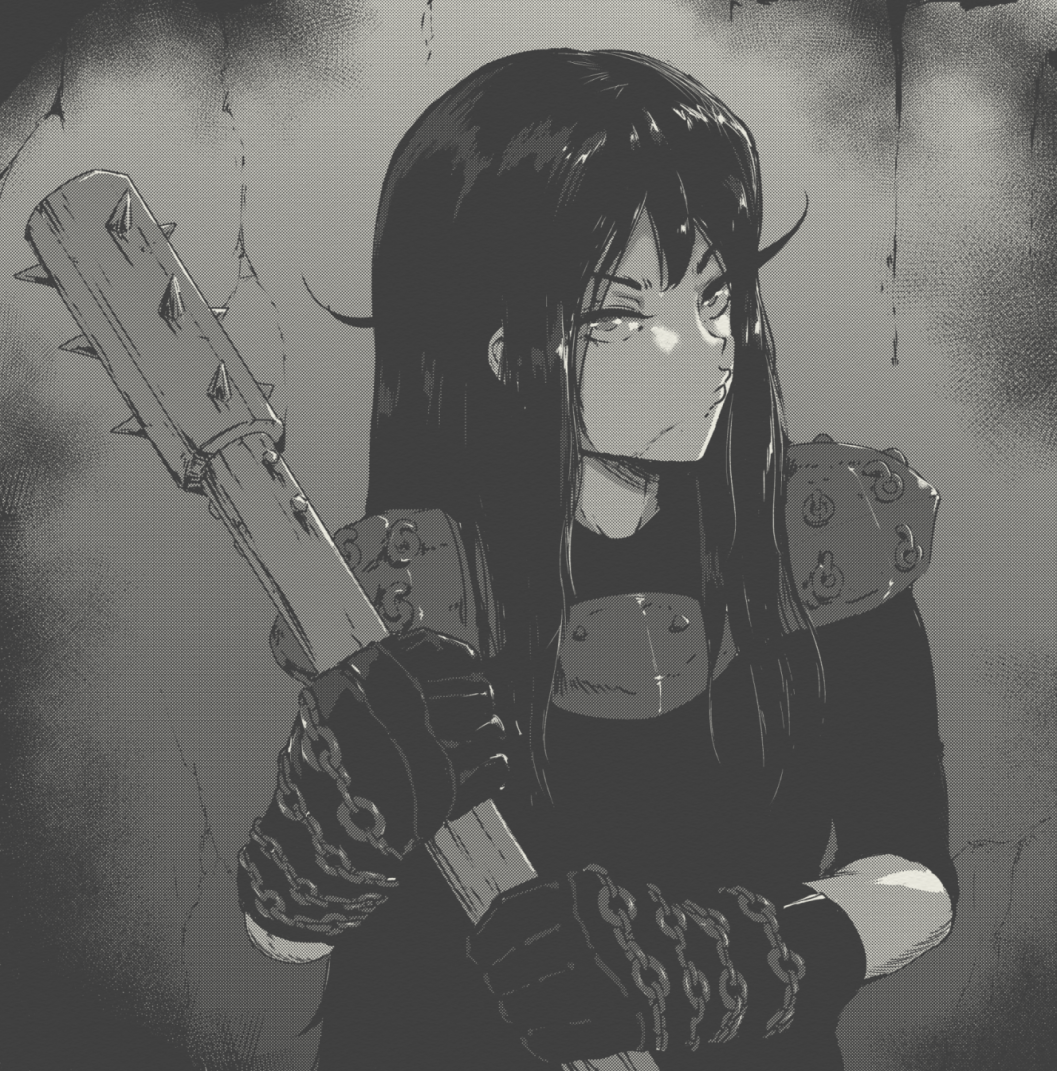 1girl armor black_metal burzum_(band) chain club club_(weapon) cosplay gloves greyscale heavy_metal holding holding_club holding_weapon lily_(tyrone) long_hair looking_at_viewer monochrome original parody real_life shoulder_armor solo spiked_club tyrone varg_vikernes varg_vikernes_(cosplay) weapon