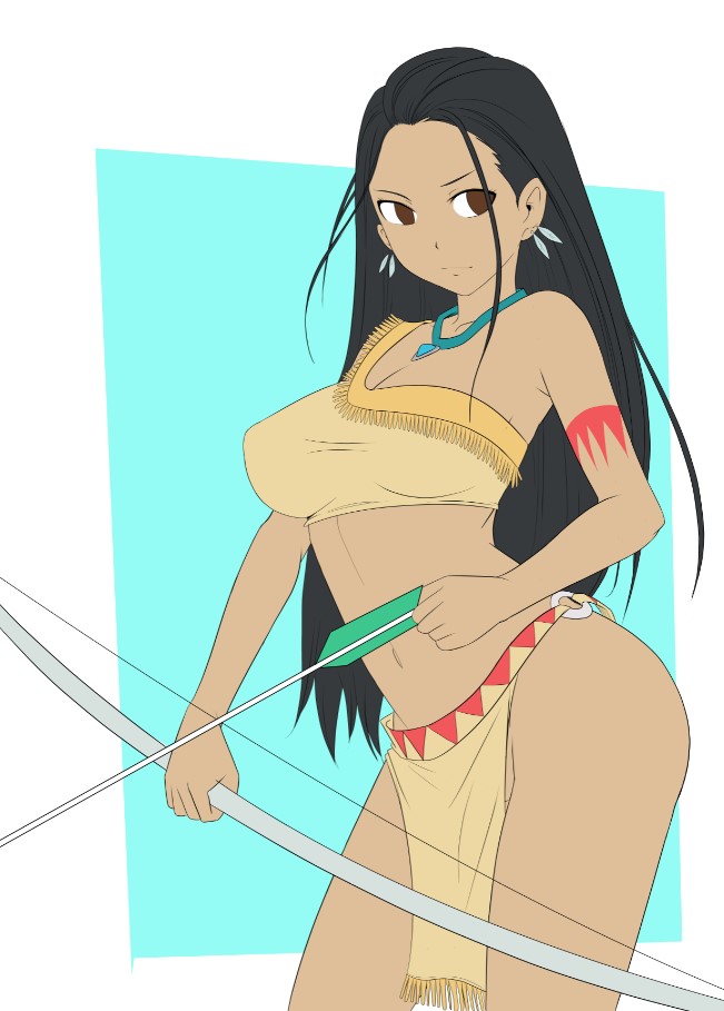 arrow_(projectile) artist_request black_hair bow_(weapon) dark-skinned_female dark_skin disney jewelry native_american navel necklace pocahontas_(disney) pocahontas_(movie) tattoo tribal_tattoo weapon
