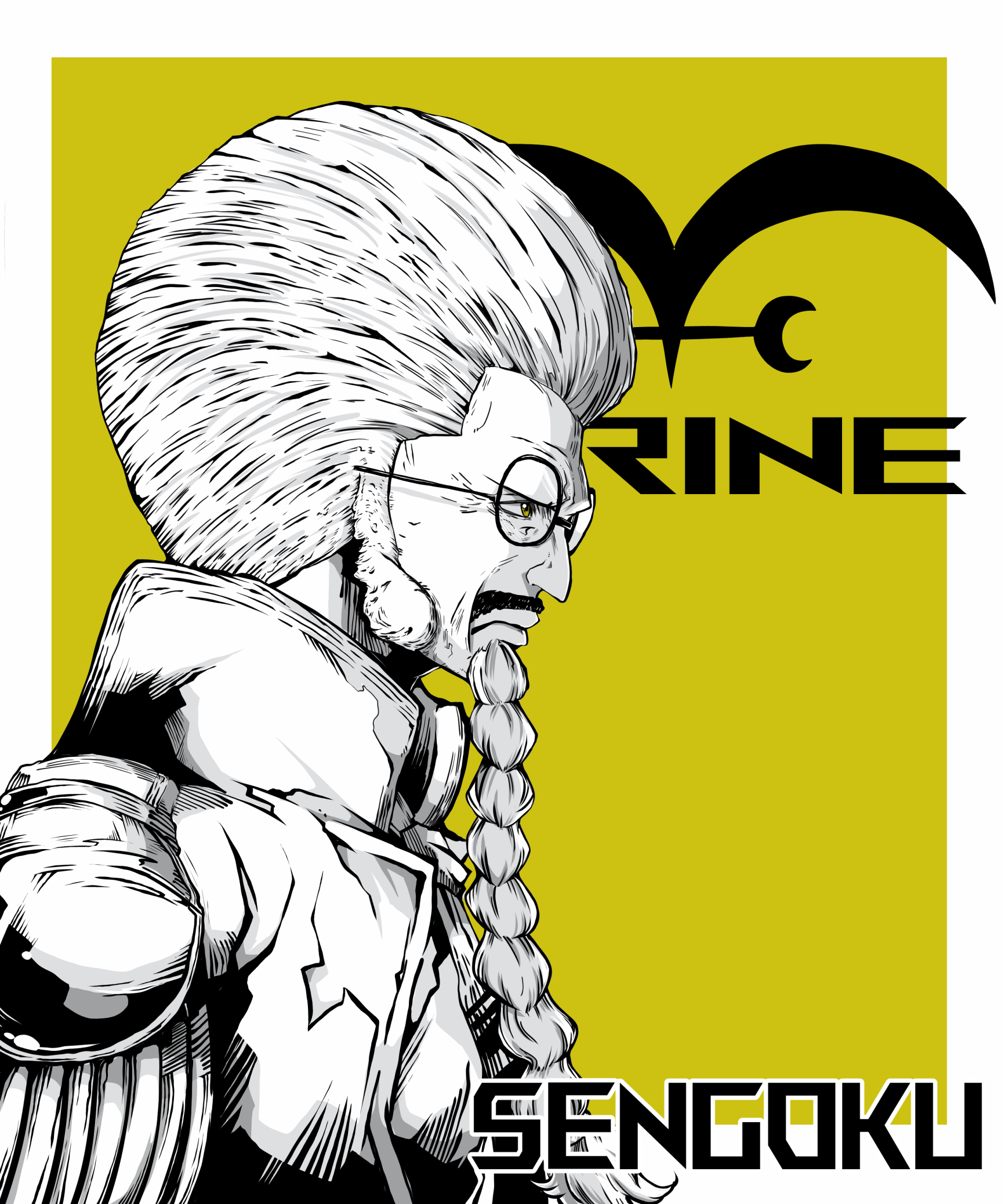 1boy afro beard black_hair braid braided_beard character_name closed_mouth english_text epaulettes facial_hair from_side glasses highres jukw8473 mustache one_piece sengoku_(one_piece) sideburns solo uniform white_hair