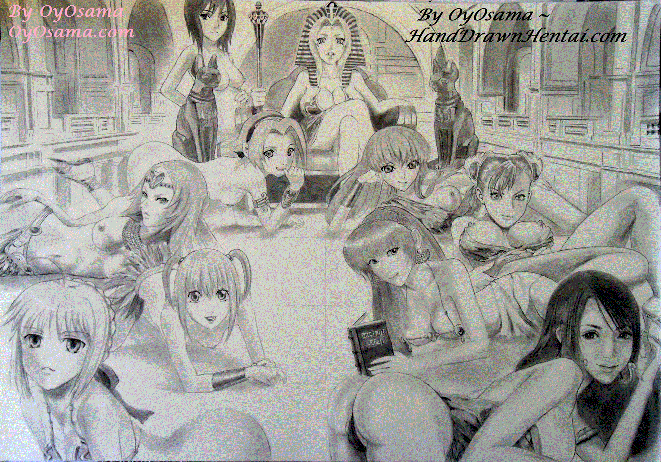 6+girls all_fours amane_misa ancient_egyptian artoria_pendragon_(fate) breasts c.c. capcom chun-li claymore_(series) cleavage code_geass crossover dead_or_alive death_note egypt fate/stay_night fate_(series) harem haruno_sakura indoors kasumi_(doa) large_breasts long_hair looking_at_viewer miria monochrome multiple_girls naruto naruto_(series) nemes nipples nude one_piece oyosama pregnant saber_(fate) shizune_(naruto) short_hair small_breasts smile street_fighter topless_female tsunade_(naruto)