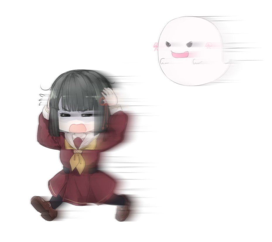 1girl :d =_= arms_up black_hair black_pantyhose blunt_bangs blunt_ends blurry bob_cut brown_dress ceras_yanagida_lilienfeld chasing closed_eyes commentary deformed dress fleeing flower flower_knot flying_sweatdrops ghost hair_flower hair_ornament hands_on_own_head hasu_no_sora_school_uniform link!_like!_love_live! long_sleeves love_live! medium_dress momose_ginko motion_blur motion_lines neckerchief open_mouth pantyhose pink_ribbon pleated_dress ribbon running sailor_collar sailor_dress scared school_uniform simple_background smile speed_lines symbol-only_commentary v-shaped_eyebrows v-shaped_eyes virtual_youtuber white_background white_flower white_sailor_collar winter_uniform yellow_neckerchief yoruneko_yashiro
