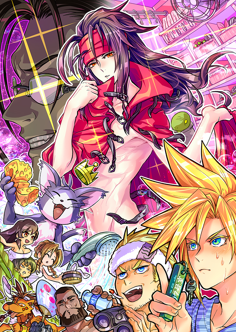 3girls 6+boys aerith_gainsborough animal barret_wallace bathroom beard binoculars black_hair blonde_hair blush bottle breasts brown_eyes brown_hair cait_sith_(final_fantasy) cat chibi cid_highwind cigarette cloak closed_eyes cloud_strife crown dark-skinned_male dark_skin eputo_(murockyou) facial_hair fangs final_fantasy final_fantasy_vii glasses grin gun hair_between_eyes hair_up hand_fan headband holding holding_binoculars holding_fan holding_shower_head holding_sponge key charm_(object) long_hair medium_breasts midriff milk_bottle mini_crown multiple_boys multiple_girls open_mouth orange_eyes orange_fur parted_bangs parted_lips professor_houjou red_cloak red_eyes red_headband red_xiii ringlets shirt short_hair shower_head sidelocks smile sparkling_eyes spiked_hair sponge striped_clothes striped_shirt stubble sweat teeth tifa_lockhart tonberry tongue tongue_out towel upper_body very_short_hair vincent_valentine weapon white_headband yuffie_kisaragi