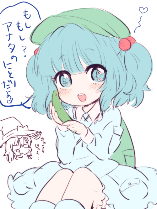 2girls backpack bag blue_eyes blue_hair blush braid cucumber hair_bobbles hair_ornament hat heart ica kawashiro_nitori kirisame_marisa looking_at_viewer multiple_girls sketch smile touhou translation_request twintails two_side_up witch_hat