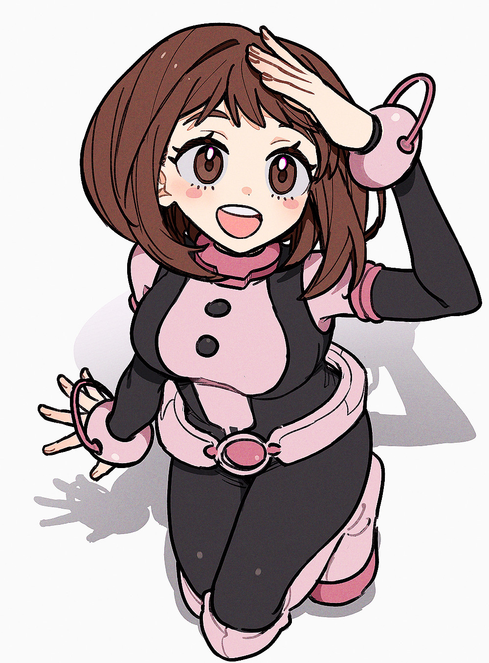 1girl blush blush_stickers bodysuit boku_no_hero_academia breasts brown_eyes brown_hair commentary eyelashes from_above hand_up happy highres kneeling looking_at_viewer open_mouth shadow short_hair simple_background smile solo superhero_costume teeth upper_teeth_only uraraka_ochako white_background xiao_(grsnss25)