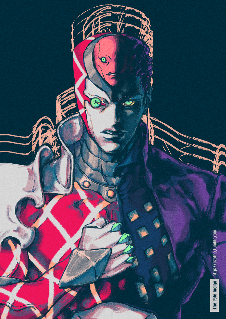 1boy 1other artist_name colored_sclera commentary diavolo epitaph_(jojo) green_eyes green_sclera jacket jojo_no_kimyou_na_bouken king_crimson_(stand) looking_at_viewer purple_jacket shoulder_pads stand_(jojo) teeth thepaleindigo vento_aureo watermark web_address