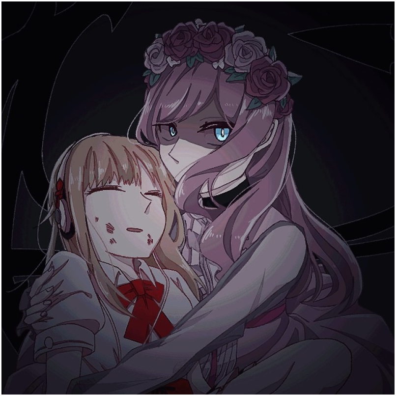 2girls atarashi_coco black_wings blonde_hair blood blood_on_face blue_eyes closed_eyes collar collared_shirt dress flower_wreath glaring headphones holding long_dress long_hair matsunae_tsugumi multiple_girls open_mouth pink_dress pink_hair red_ribbon ribbon school_uniform shin_subarashiki_kono_sekai shirt spiked_wings subarashiki_kono_sekai unconscious white_shirt wings