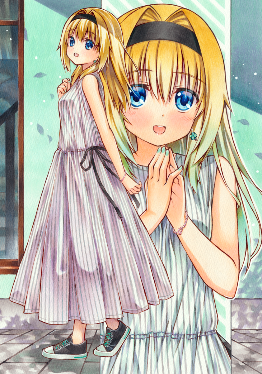 1girl :d alternate_costume bare_shoulders bead_bracelet beads black_footwear black_hairband black_ribbon blonde_hair blue_eyes blush bracelet chitose_sana clover_earrings colored_eyelashes commentary day dress earrings eyes_visible_through_hair four-leaf_clover_earrings from_side gradient_hair green_hair green_nails hair_between_eyes hair_down hair_intakes hairband hands_up happy heart highres jewelry long_dress long_hair looking_at_viewer marker_(medium) multicolored_hair multiple_views nail_polish open_mouth outdoors own_hands_clasped own_hands_together ribbon round_teeth shoes sidelocks sleeveless sleeveless_dress smile sneakers striped_clothes striped_dress teeth tenshinranman traditional_media upper_teeth_only vertical-striped_clothes vertical-striped_dress white_dress yuto_takumi