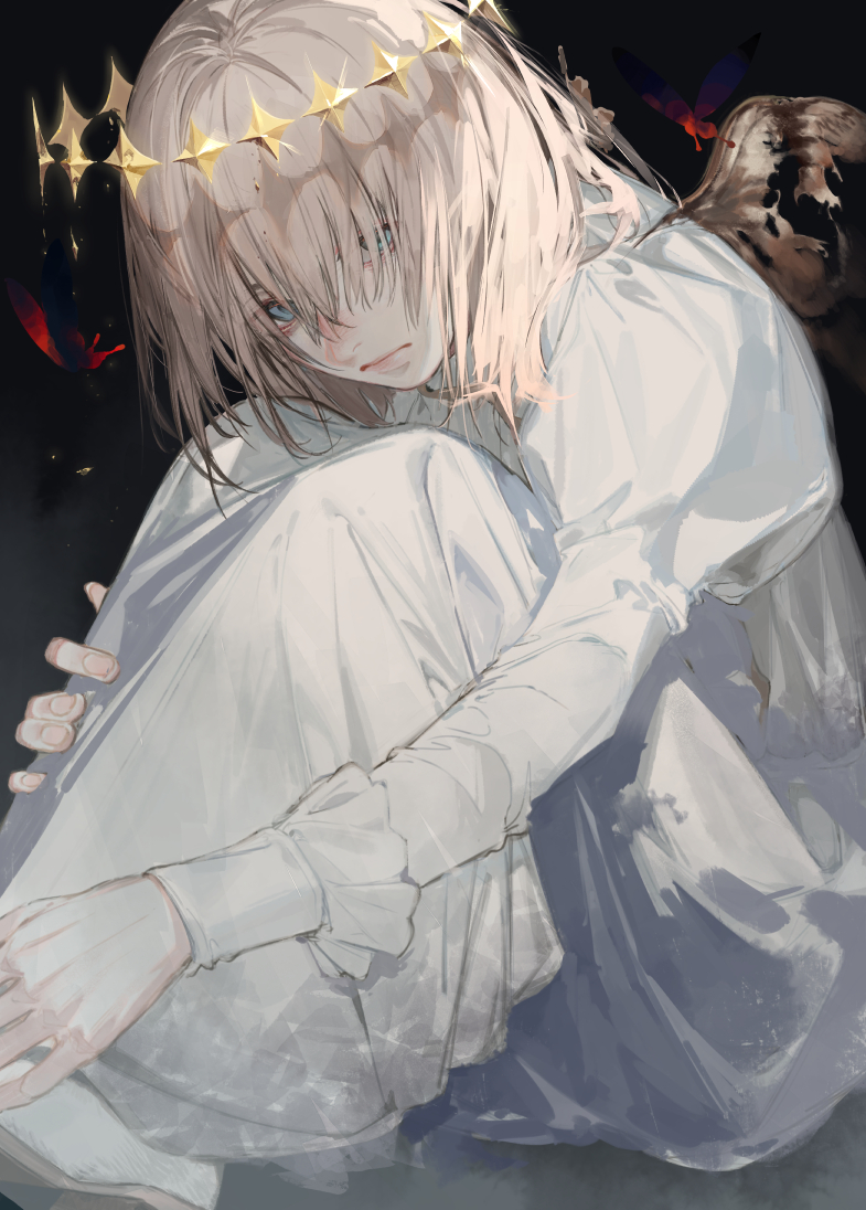 1boy black_background blue_eyes bug butterfly diamond_hairband expressionless fate/grand_order fate_(series) frilled_sleeves frills hands_on_own_legs insect juliet_sleeves knees_to_chest knees_up kodama_(wa-ka-me) lips long_sleeves male_focus medium_hair oberon_(fate) oberon_(second_ascension)_(fate) pale_skin puffy_sleeves robe sitting solo white_footwear white_robe