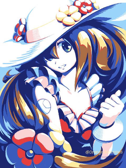 1girl android bikini breasts brown_hair cleavage clenched_hand clenched_teeth collarbone dress flower flower_hat frilled_bikini frills green_eyes hair_between_eyes hair_flower hair_ornament hat iris_(mega_man) joints large_breasts long_hair looking_at_viewer mega_man_(series) mega_man_x_(series) mega_man_x_dive navel navigator official_alternate_costume orange_blossoms(megaman) pink_bikini robot_girl simple_background smile solo summer sun_hat sundress swimsuit teeth white_background