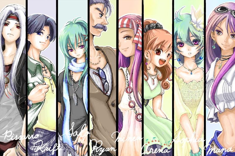 4boys 4girls alena_(dq4) casual chunsoft clift column_lineup contemporary cross curly_hair dragon_quest dragon_quest_iv dress earrings enix facial_hair green_hair headband hero_(dq4) heroine_(dq4) jewelry long_hair manya_(dq4) mariemon midriff minea_(dq4) multiple_boys multiple_girls mustache necklace open_mouth orange_hair pisaro ponytail purple_eyes purple_hair red_eyes ring ryan_(dq4) scarf short_hair smile sunglasses watch wristwatch