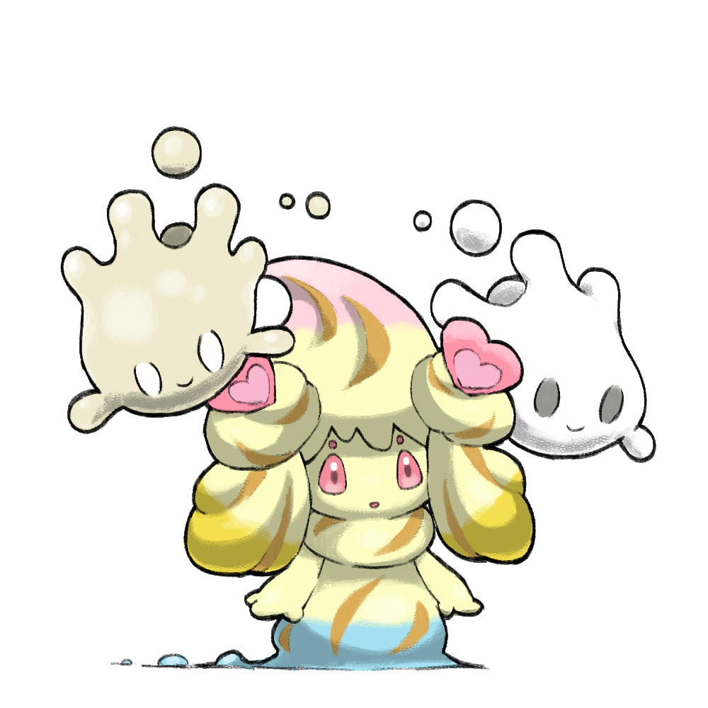 alcremie alcremie_(love_sweet) alcremie_(rainbow_swirl) alternate_color blacknirrow closed_mouth evolutionary_line floating gen_8_pokemon milcery nintendo no_humans open_mouth pink_eyes pokemon pokemon_(creature) shiny_and_normal shiny_pokemon simple_background smile white_background