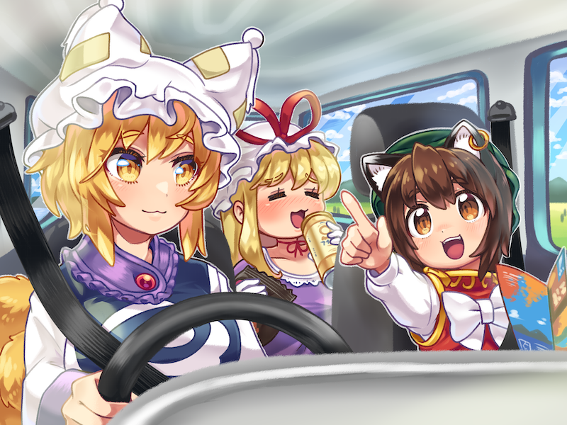 3girls :3 =_= animal_ears animal_hat blonde_hair blush bow breasts brown_hair can car_interior cat_ears chen choker closed_eyes closed_mouth collarbone commission dress driving earrings gloves gold_trim green_headwear hat holding holding_can jewelry large_breasts long_sleeves mob_cap multiple_girls open_mouth pmx purple_dress red_choker ribbon_choker short_hair single_earring skeb_commission steering_wheel tabard textless_version touhou white_bow white_gloves white_headwear yakumo_ran yakumo_yukari yellow_eyes