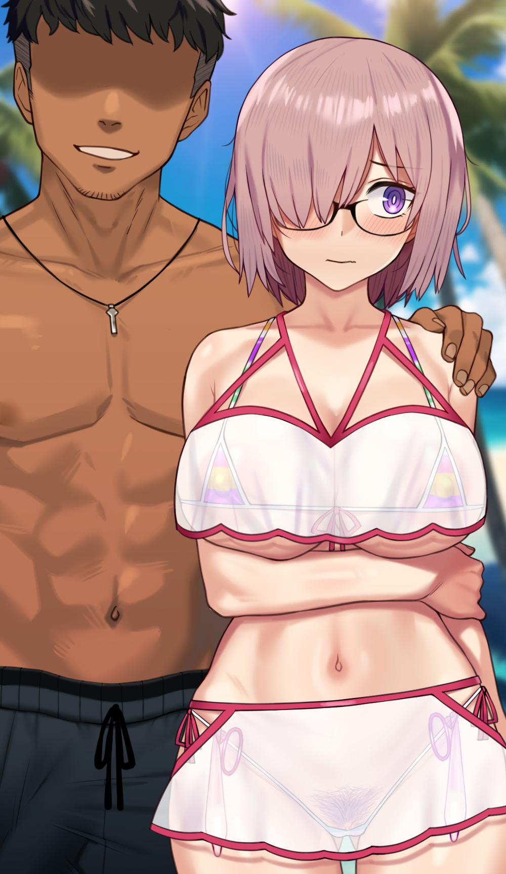 1boy 1girl :o arm_under_breasts bikini blush breasts cleaned collarbone condom covered_erect_nipples cowboy_shot dark-skinned_male dark_skin day fate/grand_order fate_(series) glasses gluteal_fold highres large_breasts male_swimwear mash_kyrielight micro_bikini navel nt00 outdoors pink_hair pubic_hair purple_eyes rainbow_print see-through_clothes shiny_skin short_hair smile swimsuit third-party_edit topless_male used_condom