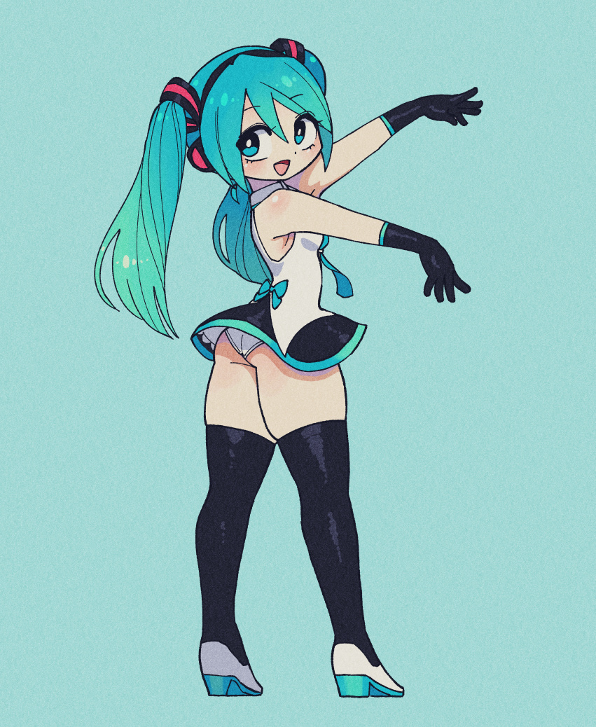 1girl adapted_costume ass black_gloves black_skirt black_thighhighs blue_background blue_eyes blue_hair blue_necktie blush breasts byackopath_(artist) collared_shirt full_body gloves gradient_hair hair_ornament hatsune_miku headphones high_heels long_hair looking_at_viewer looking_back medium_breasts microskirt multicolored_hair necktie outstretched_arms panties shirt simple_background skindentation skirt sleeveless sleeveless_shirt smile solo standing thick_thighs thighhighs thighs twintails underwear vocaloid wedgie white_footwear white_panties white_shirt