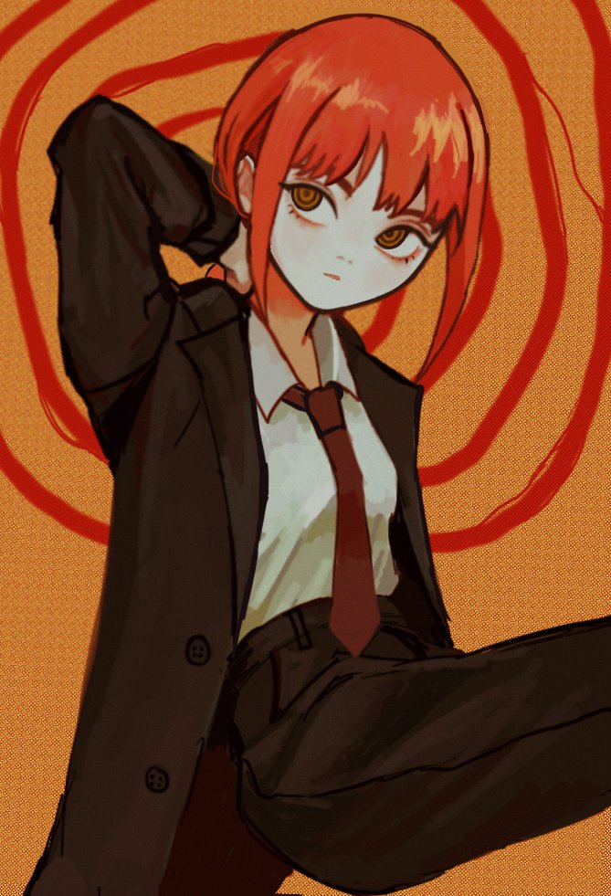 1girl arm_behind_head black_coat black_pants brown_eyes brown_necktie chainsaw_man coat collared_shirt formal_clothes io_(onisarashi) looking_to_the_side looking_up makima_(chainsaw_man) medium_hair necktie pants red_hair ringed_eyes shirt shirt_tucked_in sidelocks simple_background solo spiral spiral_background suit white_shirt yellow_background