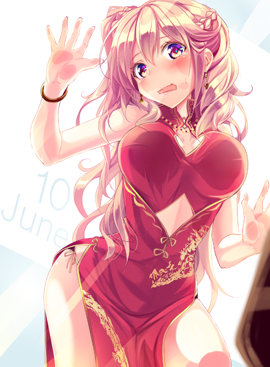 1girl against_glass bare_hips blonde_hair blush braid breasts cheek_squash china_dress chinese_clothes dress earrings fang female_focus haruka_natsuki jewelry june large_breasts long_hair looking_at_viewer open_mouth original simple_background solo tears