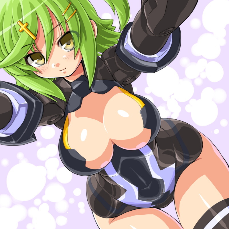 10s 1girl bad_id bad_pixiv_id black_thighhighs blush breasts busou_shinki cleavage cleavage_cutout clothing_cutout cowboy_shot cross cross_hair_ornament dd_(ijigendd) dutch_angle eyes_visible_through_hair female_focus from_above green_hair hair_between_eyes hair_ornament hairclip harmony_grace hip_focus large_breasts leotard light_smile looking_at_viewer one_side_up outstretched_arms purple_background short_hair smile solo swept_bangs thigh_gap thighhighs wide_hips yellow_eyes