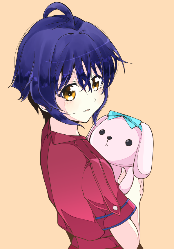1girl 22/7 ahoge blue_hair brown_background brown_eyes dark_blue_hair dress from_behind holding holding_stuffed_toy nani_mo_shiteagerarenai red_dress short_hair short_sleeves simple_background solo stuffed_animal stuffed_rabbit stuffed_toy takigawa_miu trefle_r upper_body wavy_hair