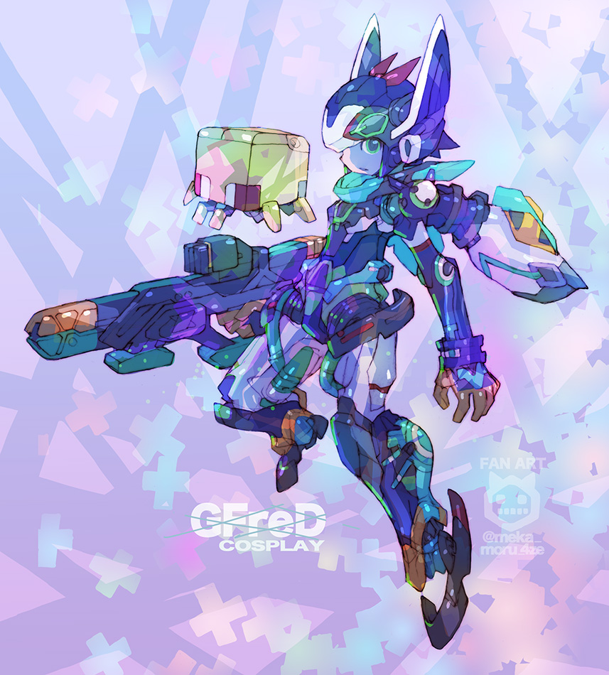 armor artist_name blue_armor blue_helmet character_name commentary_request conch_(gundam) cosplay full_body gfred gfred_(cosplay) gun gundam gundam_gquuuuuux helmet holding holding_gun holding_weapon nakayama_tooru rifle solo solo_focus twitter_username watermark weapon