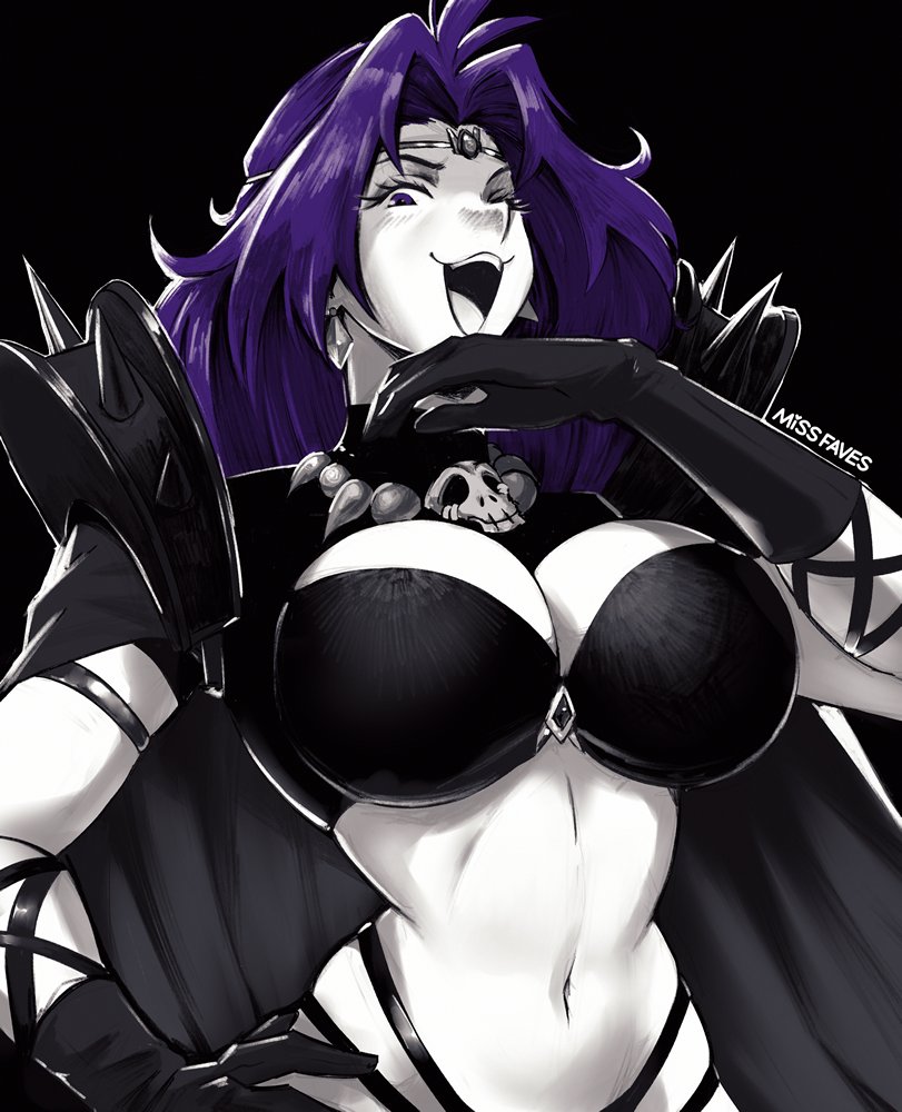 1girl armor breasts cape cleavage gem gloves hair_intakes large_breasts laughing long_hair midriff miss_faves multi-strapped_panties naga_the_serpent navel ojou-sama_pose panties purple_hair revealing_clothes shoulder_armor slayers spiked_armor underwear
