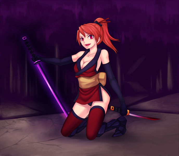 1990s_(style) 1girl breasts cleavage dark_persona female_focus final_fantasy final_fantasy_iii kuroitsuki ninja ponytail red_eyes red_hair refia retro_artstyle solo sword thighhighs weapon
