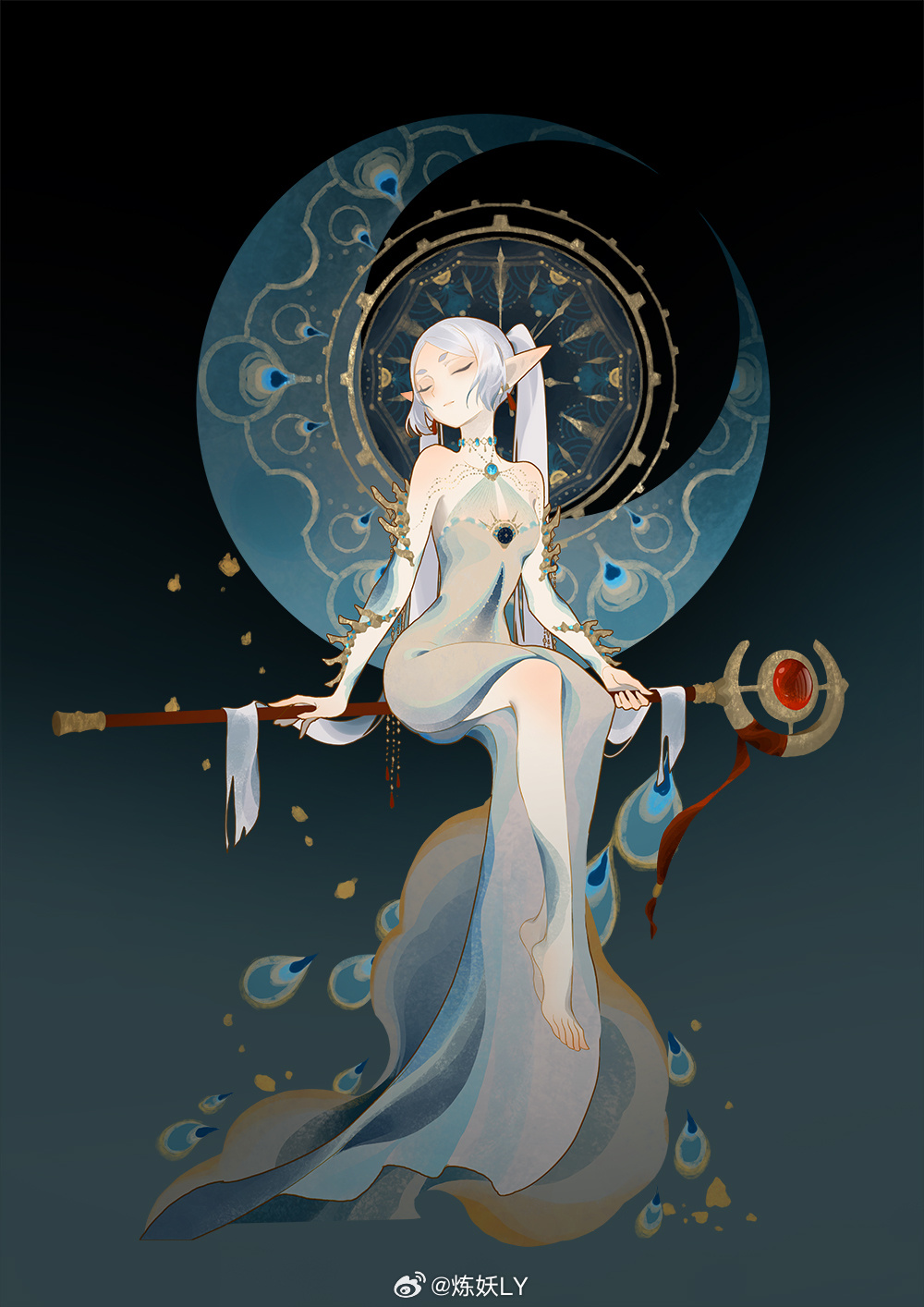 1girl aqua_brooch aqua_gemstone barefoot closed_eyes closed_mouth commentary_request dress earrings elf frieren full_body gradient_background grey_dress highres hikimayu jewelry lian_yao long_dress mage_staff necklace pointy_ears short_eyebrows solo sousou_no_frieren staff_riding thick_eyebrows watermark weibo_watermark white_hair