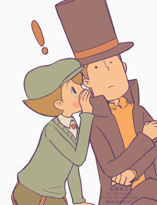 ! 2boys abarenbou_bifun black_eyes blush brown_hair brown_headwear brown_jacket brown_pants newsboy_cap closed_mouth collared_shirt covering_own_mouth frown green_headwear green_shorts green_sweater hand_over_own_mouth hat hershel_layton high_collar jacket long_sleeves looking_at_another luke_triton male_focus multiple_boys one_eye_closed open_clothes open_jacket orange_sweater pants professor_layton shirt short_hair shorts sitting sweater top_hat twitter_username whispering white_background white_shirt