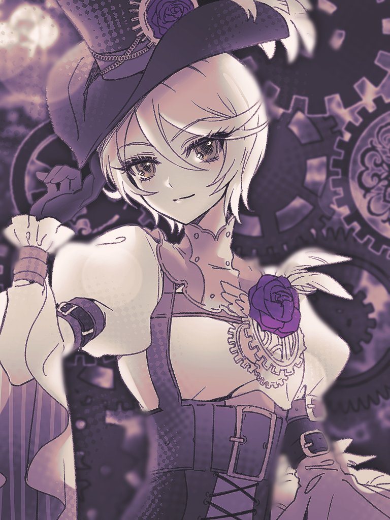 1girl belt chuu0105 closed_mouth commentary_request feathers flower gears gloves hair_between_eyes hand_on_headwear hand_up hat korean_commentary long_sleeves looking_at_viewer pretty_series pripara puffy_sleeves purple_flower purple_rose rose sepia shikyoin_hibiki shirt short_hair smile solo spot_color steampunk top_hat upper_body