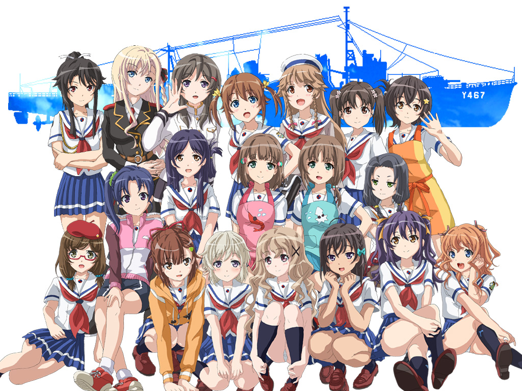 6+girls apron beret black_hair blonde_hair blue_bow blue_eyes blue_skirt blush boat bow braid brown_eyes brown_hair character_request china_moeka closed_mouth everyone glasses hair_bow hair_ribbon hal-py harekaze hat high_school_fleet jacket misaki_akeno multiple_girls nosa_kouko open_mouth red-framed_eyewear ribbon sailor_collar school_uniform shiretoko_rin sitting skirt smile track_jacket twin_braids twintails watercraft wilhelmina_braunschweig_ingenohl_friedeburg